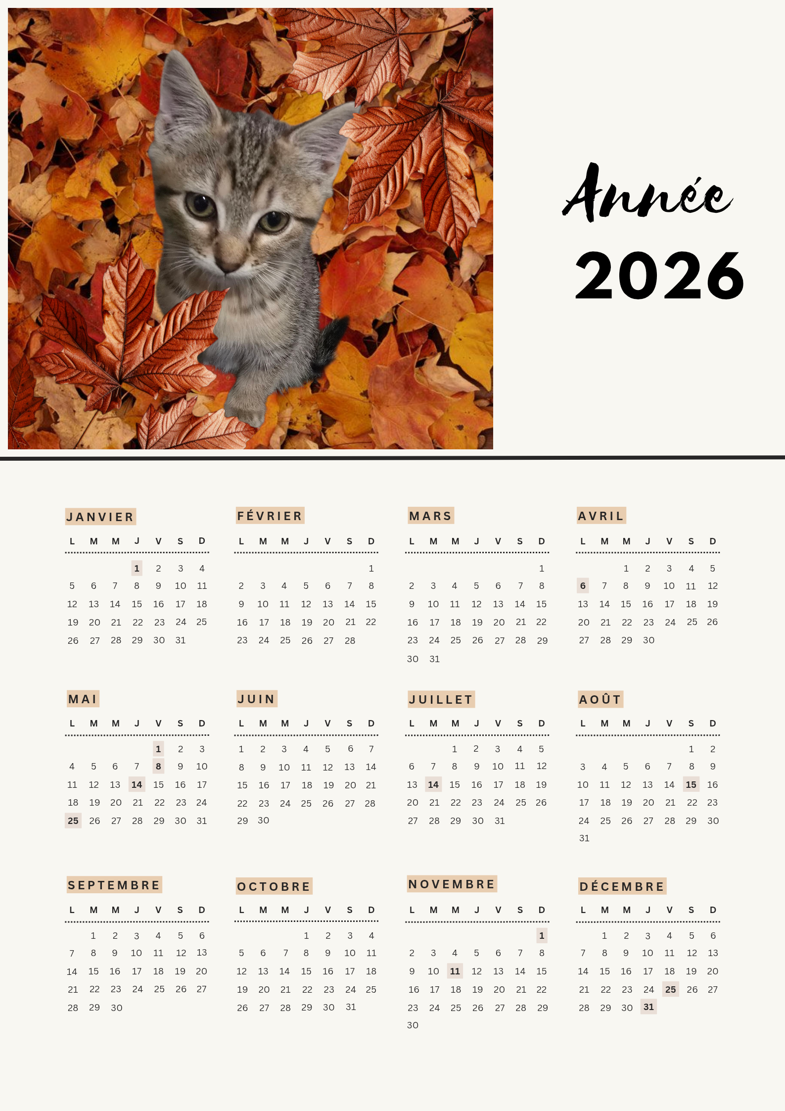 Calendrier personnalisé 2026 - Créez votre calendrier sur mesure